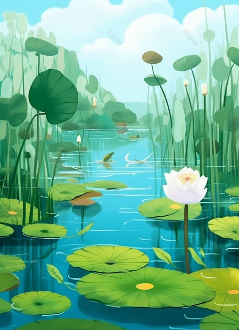 绿色宁静的夏天池塘里的荷叶荷花背景,插画/手绘图,插画/手绘图库,插画/手绘图下载,插画/手绘